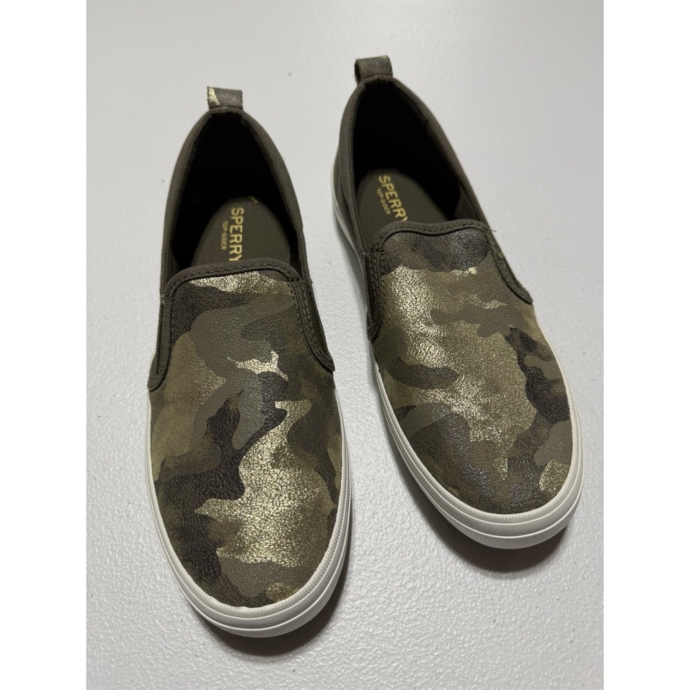 NWOT Sperry Womens 8.5 Crest Twin Gore Camo Slip On Sneakers Gold Accent Canvas